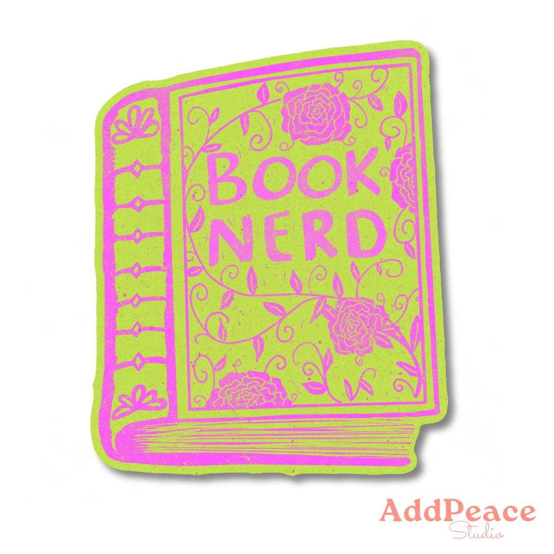 Book Nerd Sticker: Neon Pink & Green Book Cover, Waterproof Vinyl