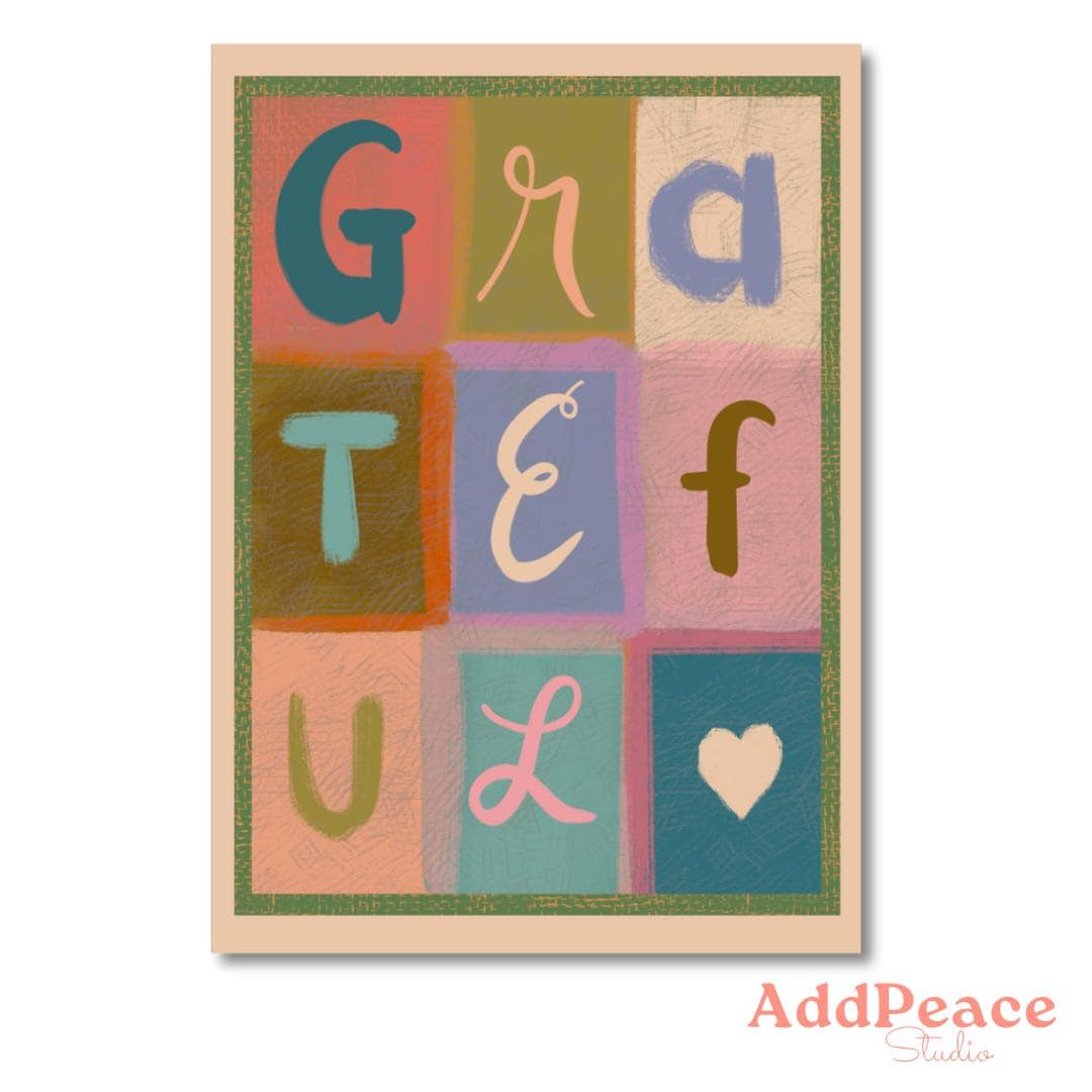 Colorful sticker with the word 'GRATEFUL' on a white background, featuring the AddPeace Studio logo.