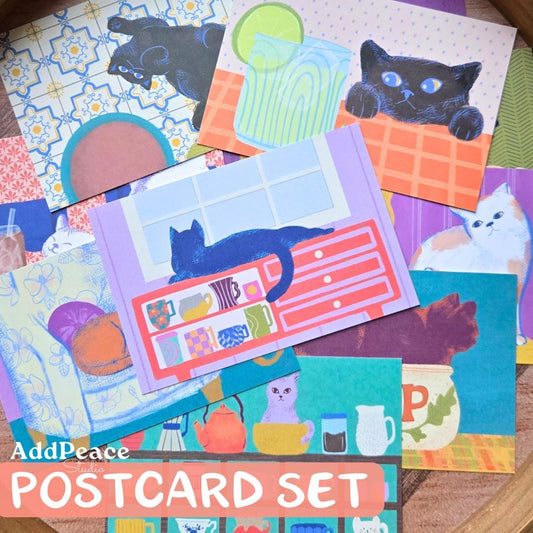 Cozy Cats Postcard Pack - Artist Made Cats & Cups Art Mini Prints