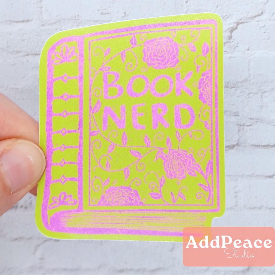 Book Nerd Sticker: Neon Pink & Green Book Cover, Waterproof Vinyl