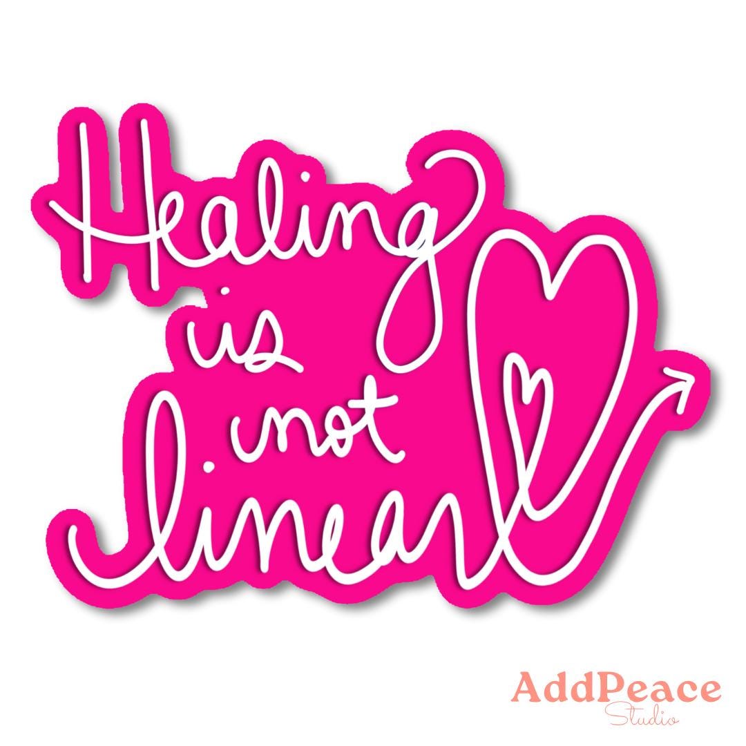Pink and white motivational quote with a heart on a white background, featuring the brand 'AddPeace'.