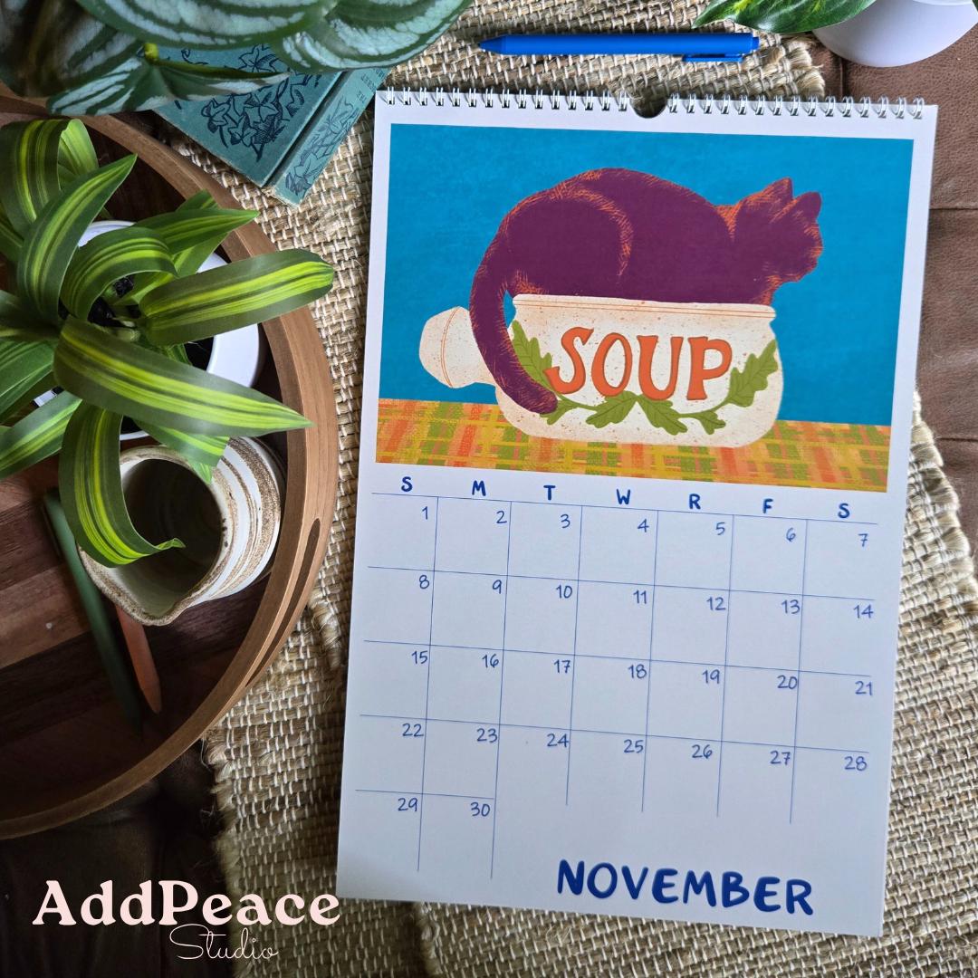 2026 Cats & Cups Illustrated Calendar with Cozy Interiors