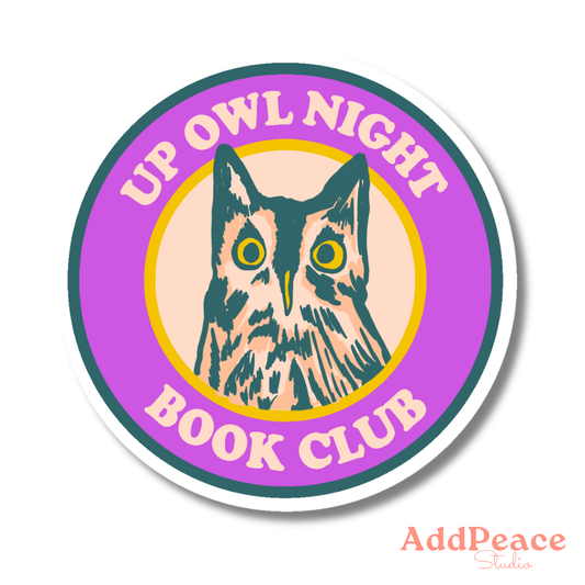 Up Owl Night Book Club owl vinyl sticker illustration, waterproof matte 2.5 inch design