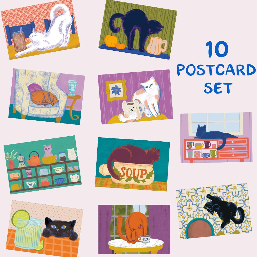 Cozy Cats Postcard Pack - Artist Made Cats & Cups Art Mini Prints