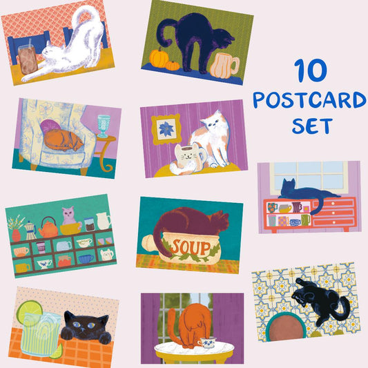 Cozy Cats Postcard Pack - Artist Made Cats & Cups Art Mini Prints