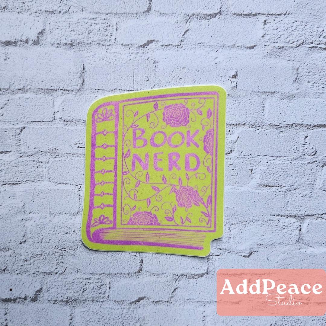 Book Nerd Sticker: Neon Pink & Green Book Cover, Waterproof Vinyl